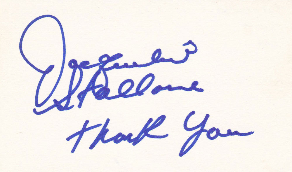 Jackie Stallone autographed 3 x 5 index card